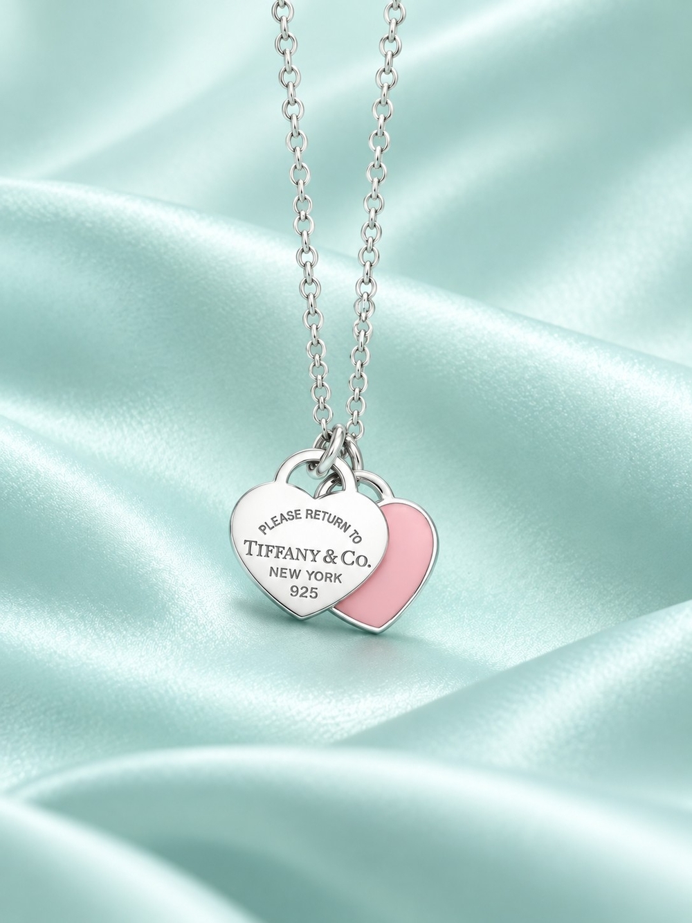 Tiffany & Co. Sterling Silver Double Heart Necklace with Pink Enamel